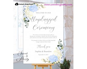 Blue Ivory Hydrangea Unplugged Ceremony sign template,(139)